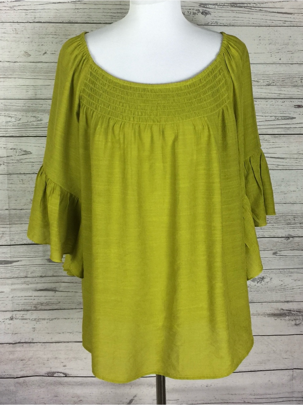 Cato Women’s Green Smocked 3/4 Flutter Sleeve Rayon Blend Top Size XL